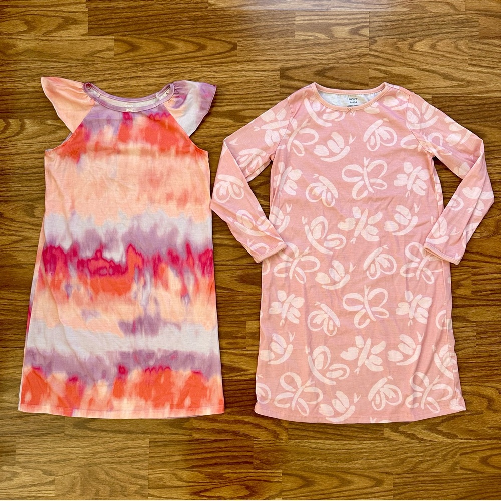 2x Carter’s Girls Size 8-10A Short Long Sleeve Nightgown Butterfly Ombré EUC!